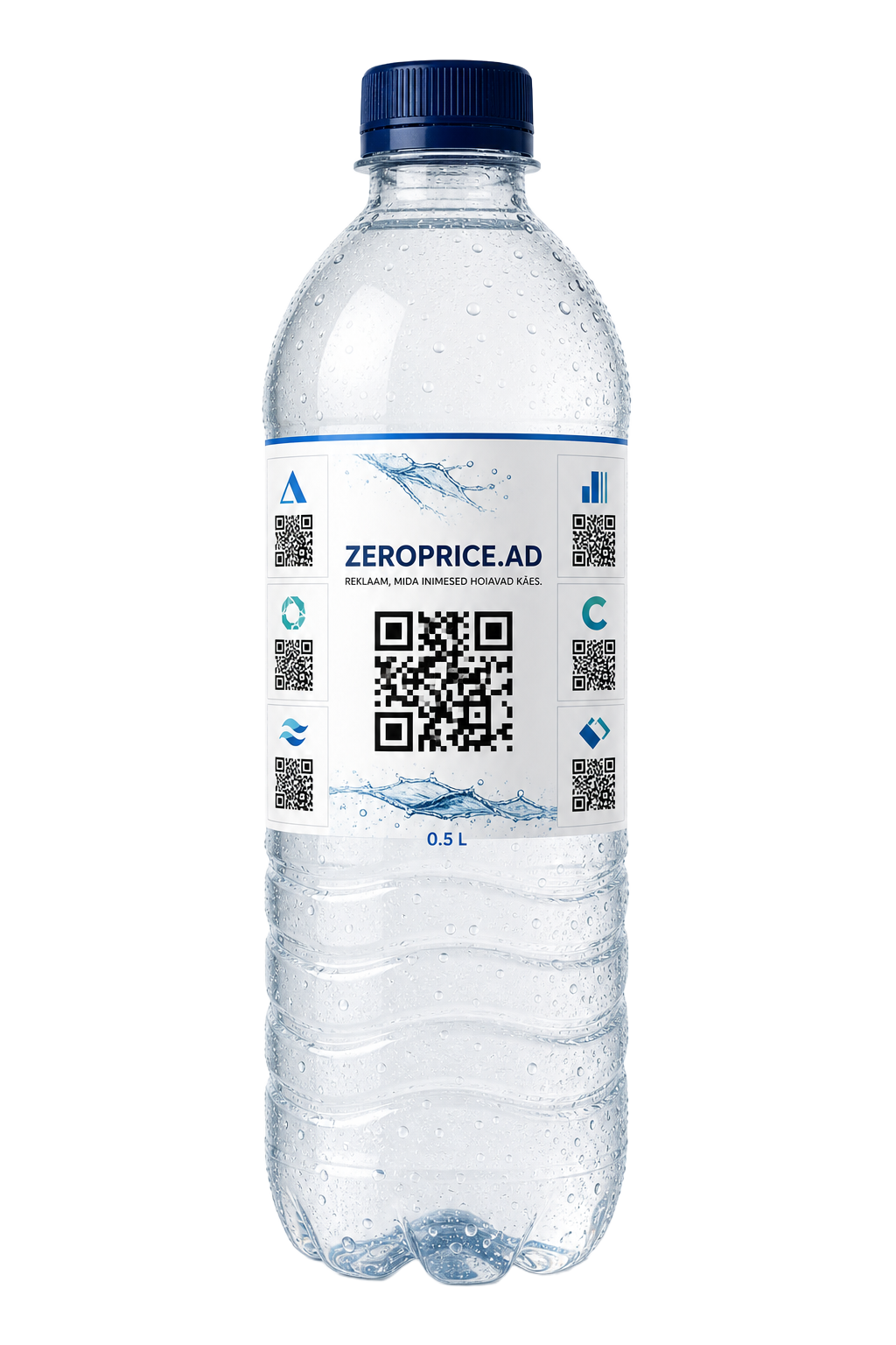ZEROPRICE.AD 0,5 L veepudel — keskel ZEROPRICE.AD logo ja QR-kood, ümber väiksemad reklaamipesad ettevõtete logode ja QR-koodidega